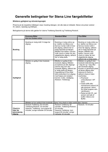 Generelle betingelser for Stena Line fÃ¦rgebilletter