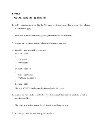 Form A True (A) / False (B) (2 pts each) - Classes