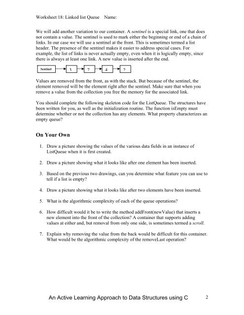 Worksheet 18: Linked List Queue, pointer to Tail - Classes