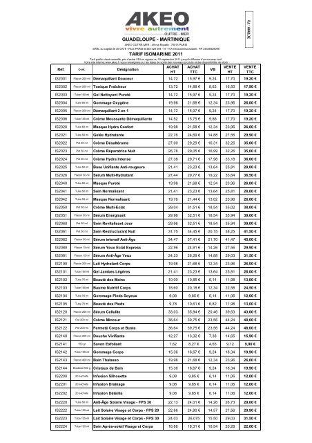 TARIF ISOMARINE 2011 GUADELOUPE - MARTINIQUE - Akeo