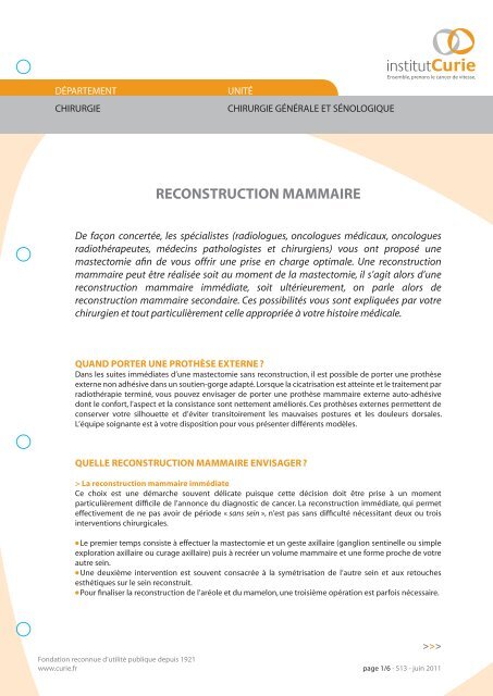 RECONSTRUCTION MAMMAIRE - Cancers du Sein - Institut Curie