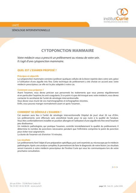 CYTOPONCTION MAMMAIRE - Cancers du Sein - Institut Curie