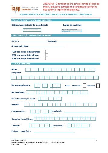 FORMULÁRIO DE CANDIDATURA AO PROCEDIMENTO ...