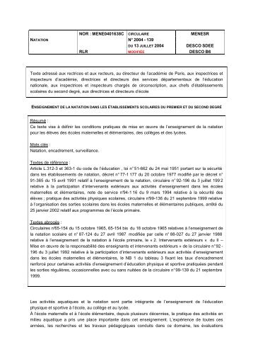 Enseignement de la natation dans les Ã©tablissements scolaires du ...