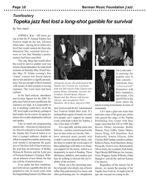 Last Topeka Jazz Festival - Berman Music Foundation