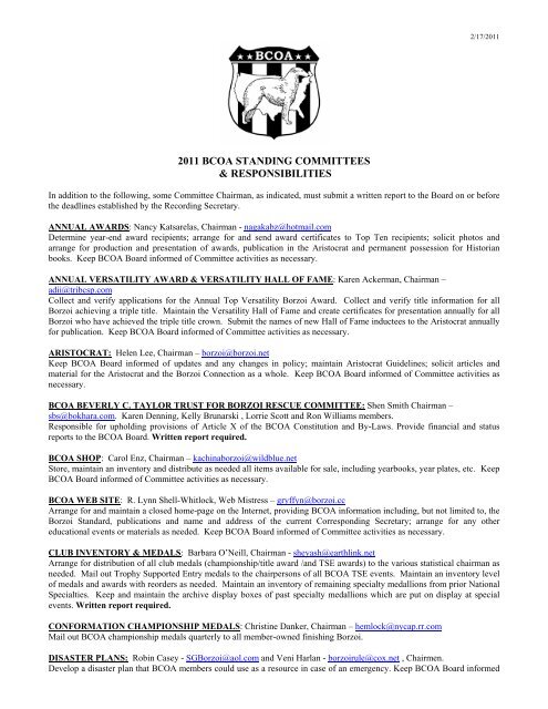 2011 bcoa standing committees & responsibilities - Borzoi Club of ...