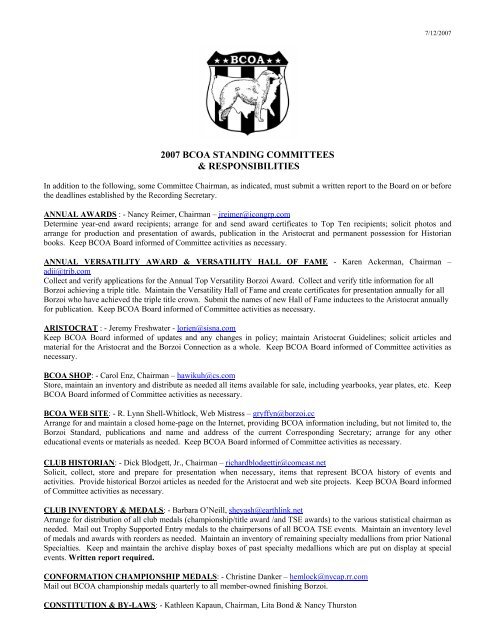 BCOA COMMITTEES & CHAIRMAN - Borzoi Club of America, Inc.