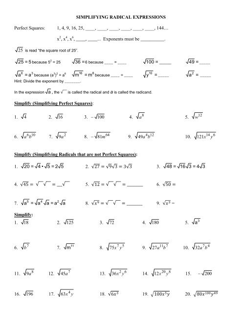SIMPLIFYING RADICAL EXPRESSIONS