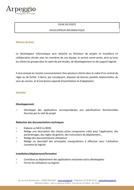 FICHE DE POSTE DEVELOPPEUR INFORMATIQUE Mission de ...