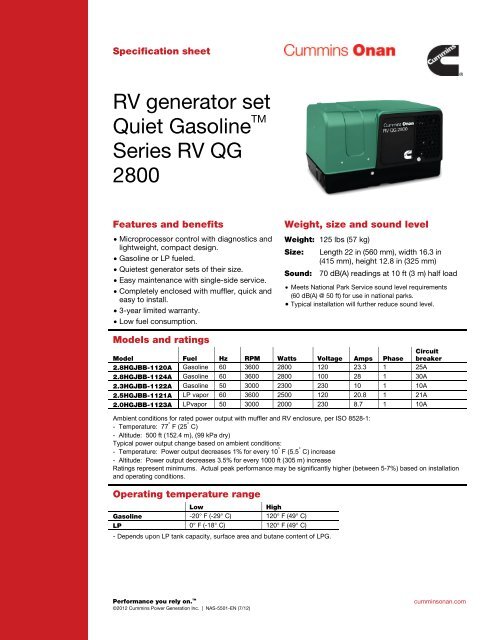 RV generator set Quiet GasolineTM Series RV QG ... - Cummins Onan