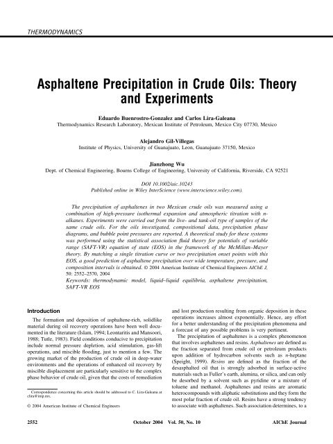 Asphaltene precipitation in crude oils: Theory and experiments