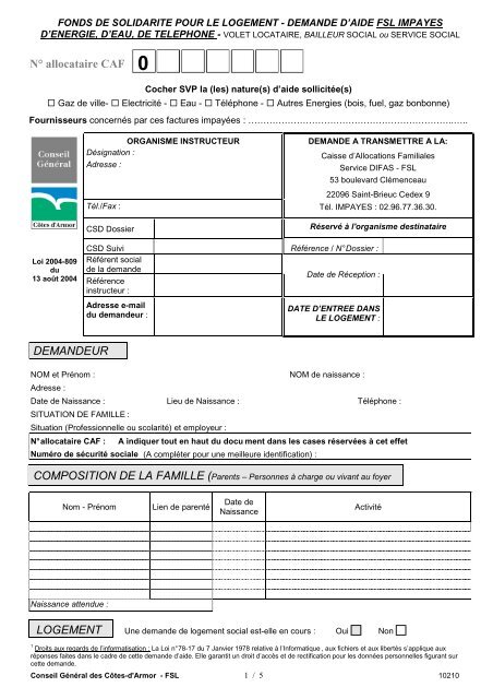 formulaire fsl impayes eau energie 072010