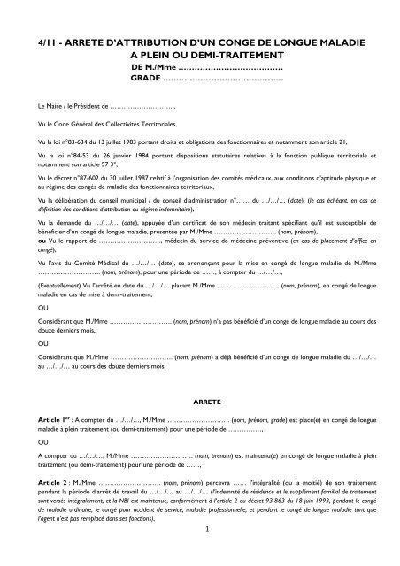 Arrêté d'attribution d'un congé de longue maladie à plein ... - CDG90