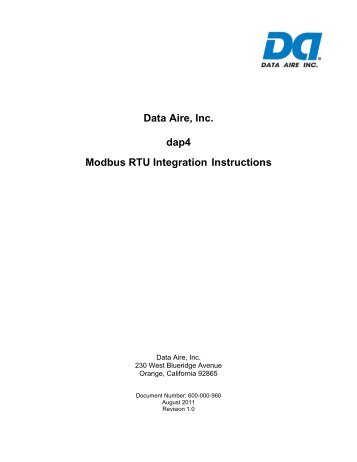 Data Aire, Inc. dap4 Modbus RTU Integration Instructions