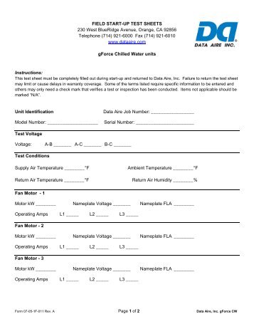 gForce Start-up Test Sheet Chilled Water - Data Aire