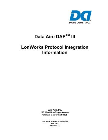 Data Aire DAP III LonWorks Protocol Integration Information