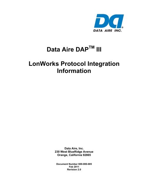 Data Aire DAP III LonWorks Protocol Integration Information