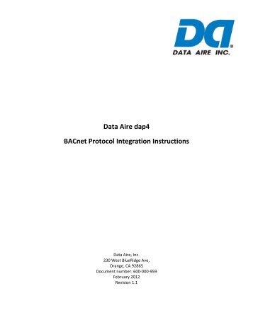 Data Aire dap4 BACnet Protocol Integration Instructions