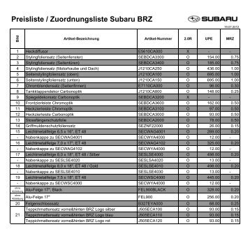 BRZ (Preisliste ZubehÃ¶r) - Subaru