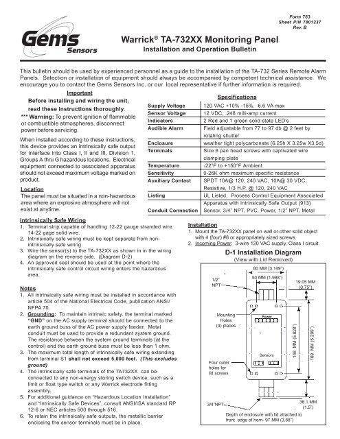 Instruction Bulletin I - Pressure Switch Instruments - Gems Sensors