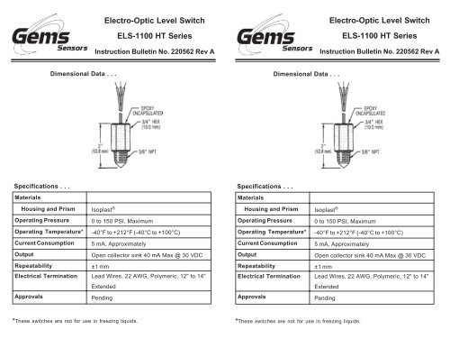 ELS-1100HT Part Numbers - Pressure Switch Instruments - Gems ...