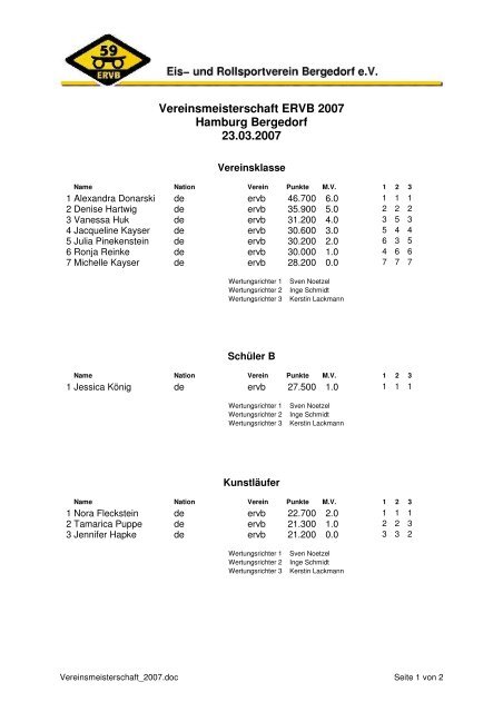 Vereinsmeisterschaft ERVB 2007 Hamburg Bergedorf 23.03.2007