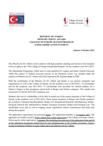Scholarship Announcement - Avrupa BirliÄi BakanlÄ±ÄÄ±