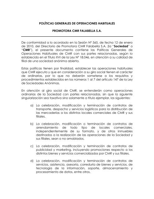 POLÃTICAS GENERALES DE OPERACIONES ... - CMR Falabella
