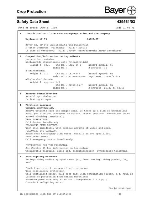 Crop Protection Safety Data Sheet 439561/03 - Bayercropscience ...