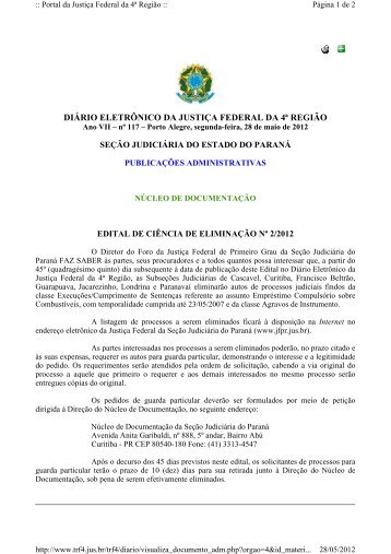 II Edital de EliminaÃ§Ã£o de 2012 da SeÃ§Ã£o JudiciÃ¡ria do ParanÃ¡ - JFPR