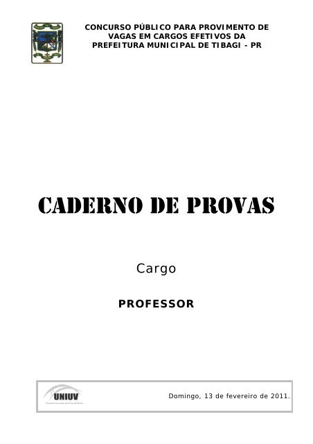 CADERNO DE PROVAS - Concursos - UNIUV