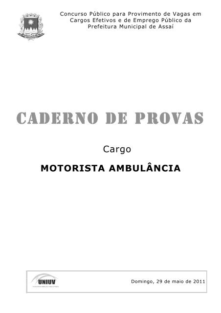 caderno de provas - motorista ambulÃ¢ncia - Concursos - Uniuv