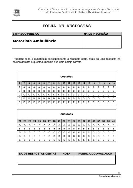 caderno de provas - motorista ambulÃ¢ncia - Concursos - Uniuv