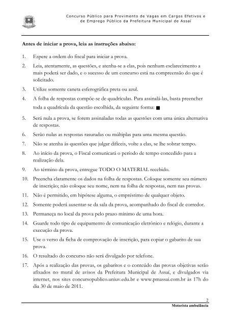 caderno de provas - motorista ambulÃ¢ncia - Concursos - Uniuv