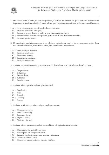 caderno de provas - motorista ambulÃ¢ncia - Concursos - Uniuv