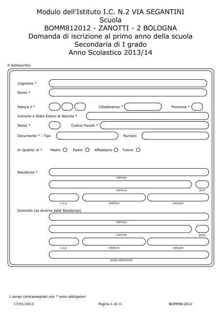 ZANOTTI - 2 BOLOGNA Domanda di iscrizione al primo anno della sc