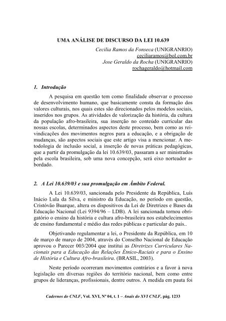 108. uma anÃ¡lise de discurso da lei 10.639