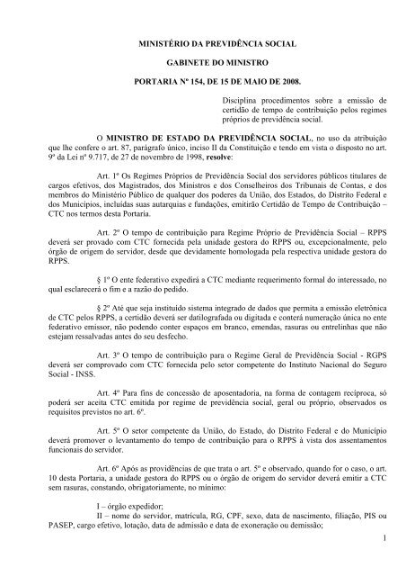 portaria nÂº 154, de 15 de maio de 2008 - MinistÃ©rio da PrevidÃªncia ...