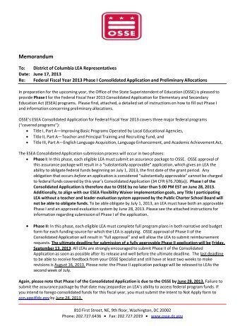 FFY 2013 Consolidated Application Release Memorandum - osse