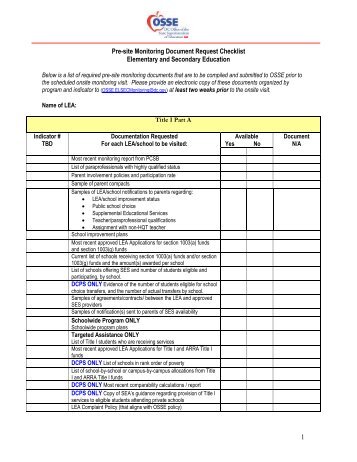 1 Pre-site Monitoring Document Request Checklist ... - osse