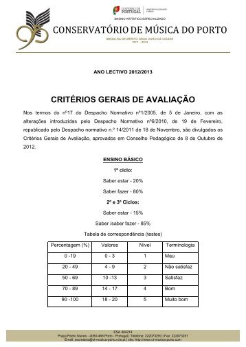 CritÃ©rios Gerais de AvaliaÃ§Ã£o - ConservatÃ³rio de MÃºsica do Porto