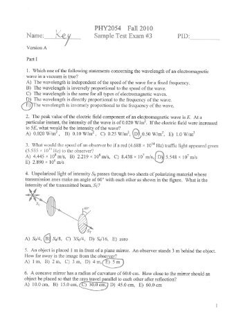 P"Y2054 Fall 20l0 Sample Test Exam #3 Fiï¬: - UCF Physics