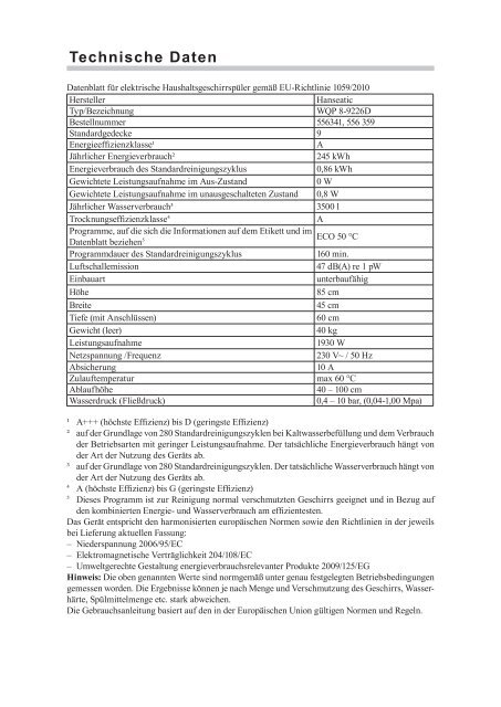 Gebrauchsanleitung Geschirrspüler hanseatic WQP8-9226D - Schwab