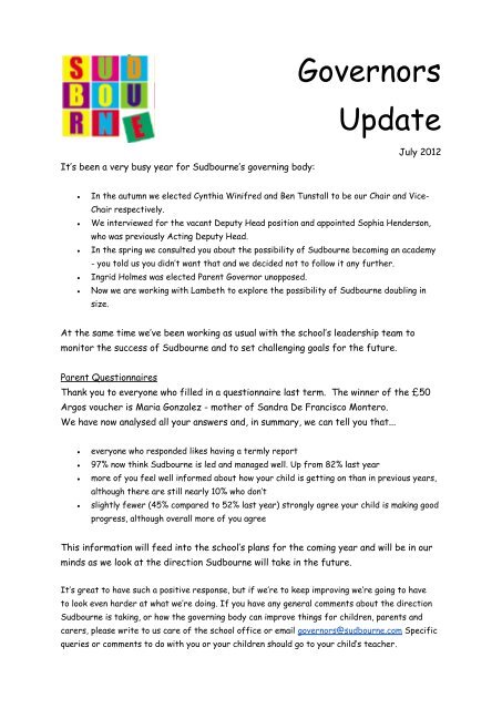 Governors Update - Sudbourne Primary School