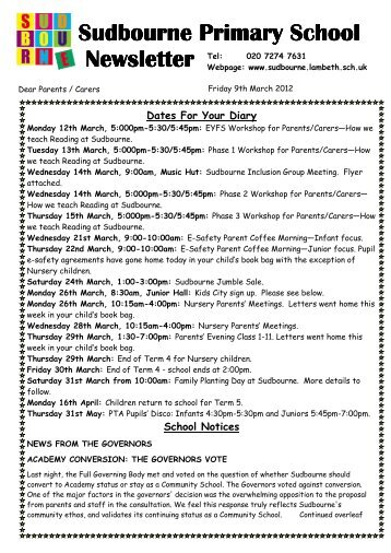 9th March 2012 newsletter.pub - Sudbourne Primary School