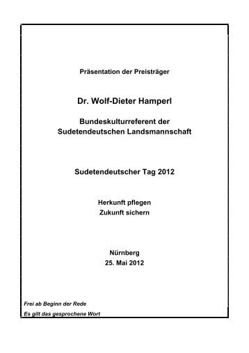 Dr. Wolf-Dieter Hamperl - Sudetendeutsche Landsmannschaft