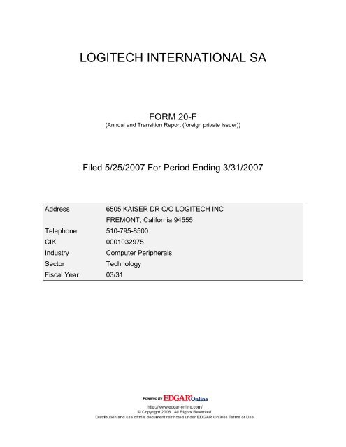 LOGITECH INTERNATIONAL SA - Shareholder.com