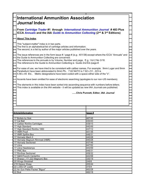 International Ammunition Association Journal Index