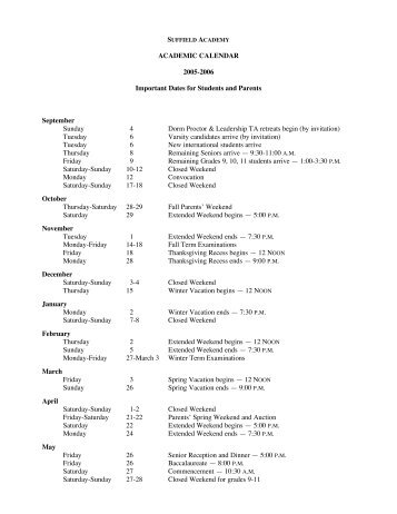 ACADEMIC CALENDAR 2005-2006 Important ... - Suffield Academy