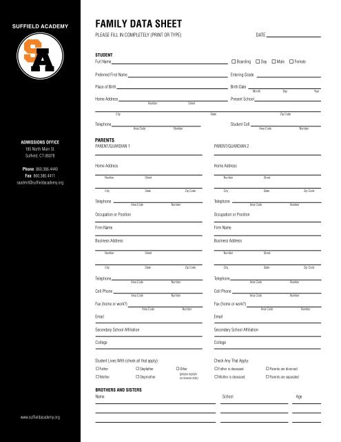 FAMILY DATA SHEET - Suffield Academy